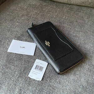 Coach Accordion Zip Wallet 54007 Black Leather Long Wallet Gold Hardware NWT